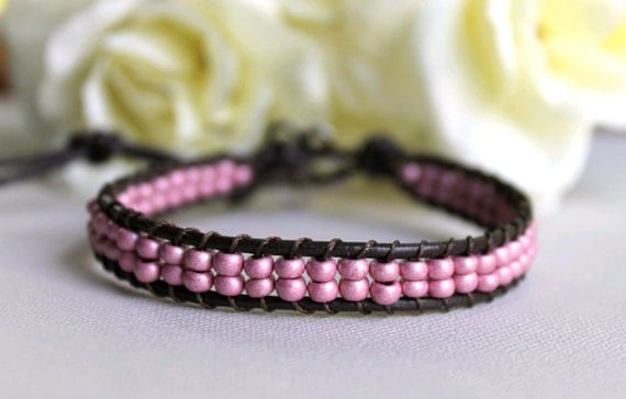 Leather Wrapped Beaded Bracelet with Frosted Pink Glass Seed Beads