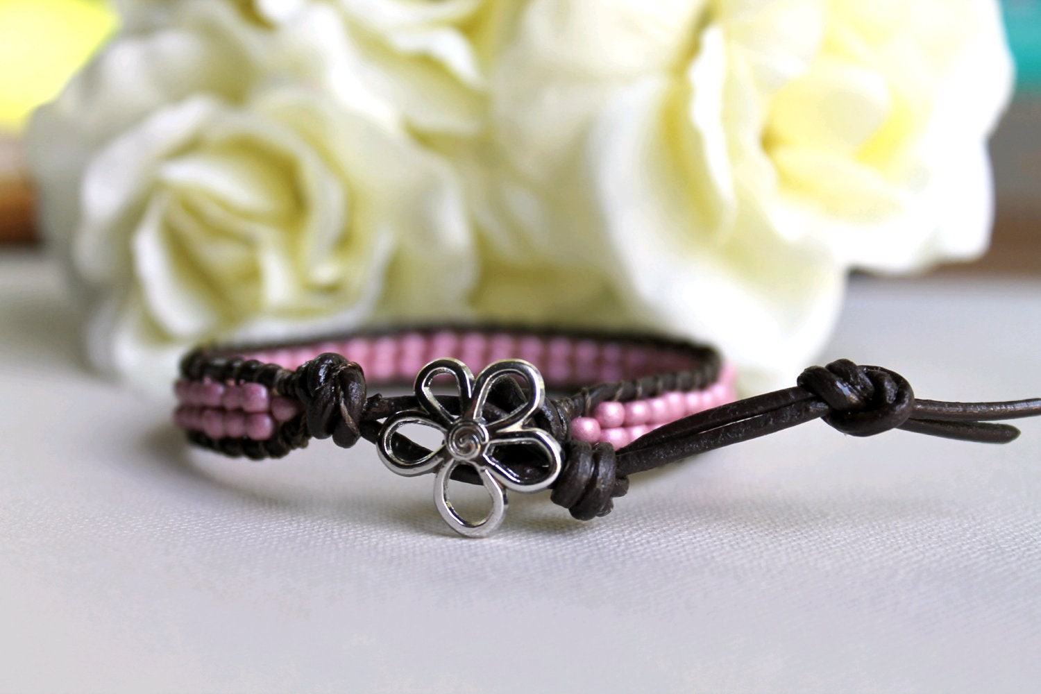 Leather Wrapped Beaded Bracelet with Frosted Pink Glass Seed Beads