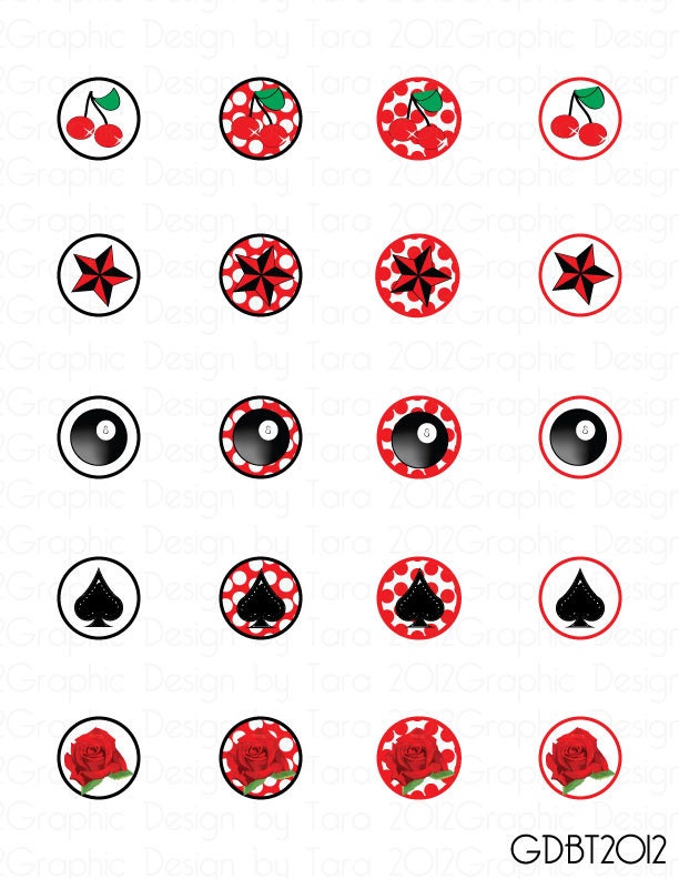 Cherries Old School Tattoo Digital Image Sheet for 1 Inch Bottlecaps Personal and Commercial Use