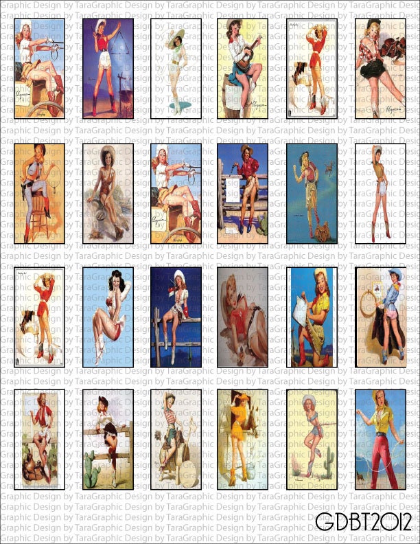 Cowgirl Pin Ups Digital Image Sheet for 1"x2" Domino Pendant Personal and Commercial Use