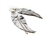 Leather feather earrings, grey metallic leather, Bohemian Hippie earrings
