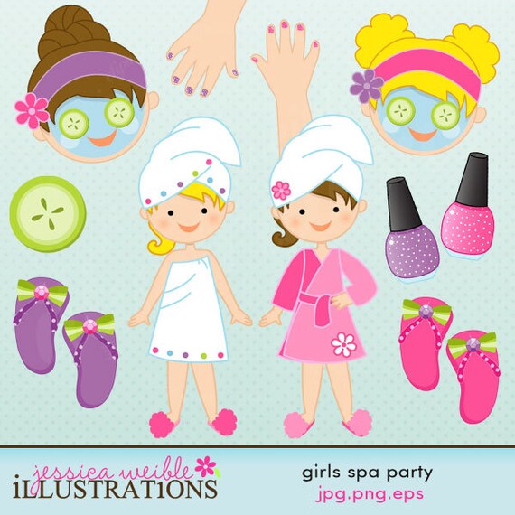 Girls Spa Party Cute Digital Clipart for Card Design, Scrapbooking, and Web Design Il_570xn