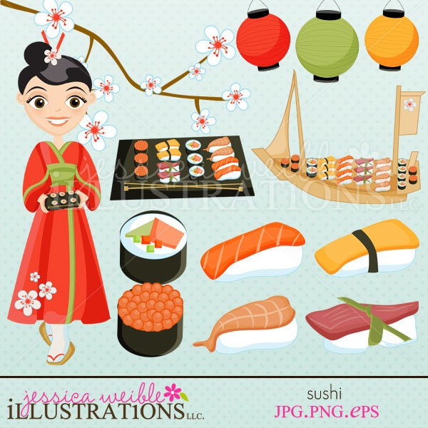 Sushi Cute Digital Clipart for Invitations, Card Design, Scrapbooking, and Web Design Il_570xn