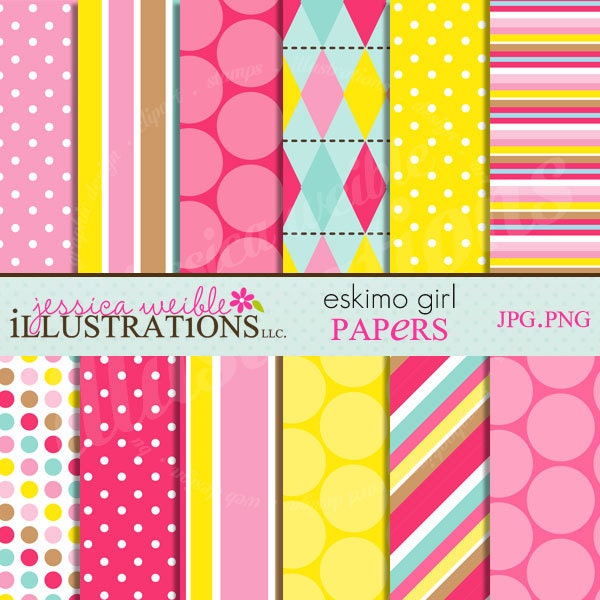 Eskimo Girl Cute Digital Papers Backgrounds for Invitations, Card Design, Scrapbooking, and Web Design Il_570xn