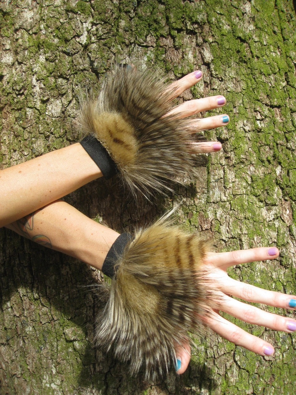 BrOwn OwL Feather FuR Wrisrt Cuffs -- faux fur Brown // Black-- Costume accessory Unisex -- animal owl hawk fox cosplay furry