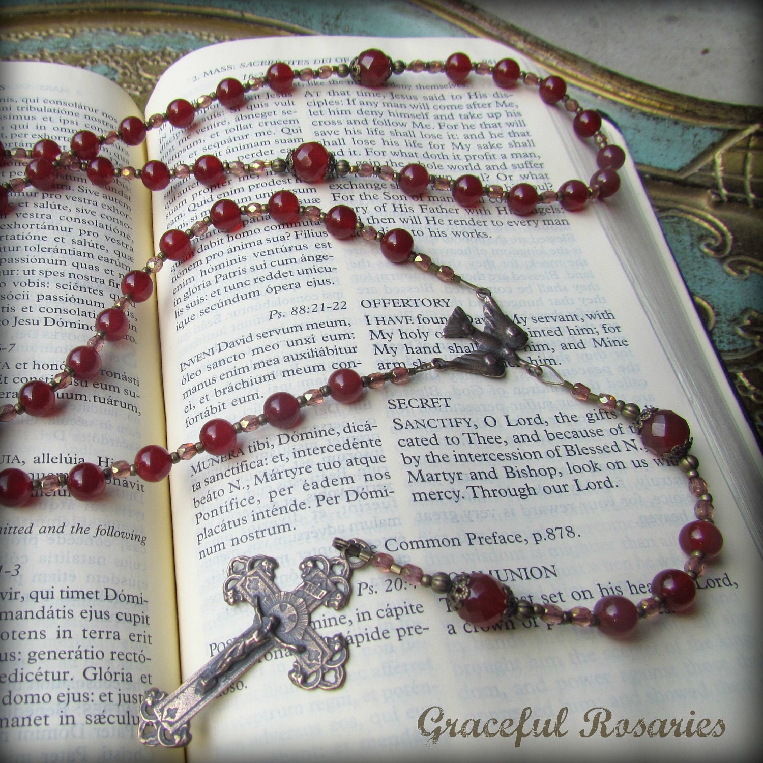 Red Confirmation Rosary with Carnelian gemstones and Bronze Holy Spirit center