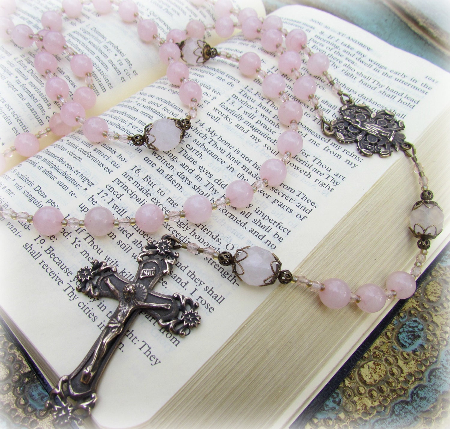 Catholic Rosary Beads for Women -  Pink Rose Quartz gemstones and Bronze