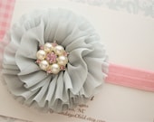 Flower Headband in Gray with Pink Rhinestone - Baby Headband, Newborn Headband, Girls Headband, Toddler Headband