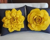 TWO Decorative Flower Pillows -Mustard Yellow Dahlia and Mustard Yellow Rose on Charcoal Grey 14 X 14