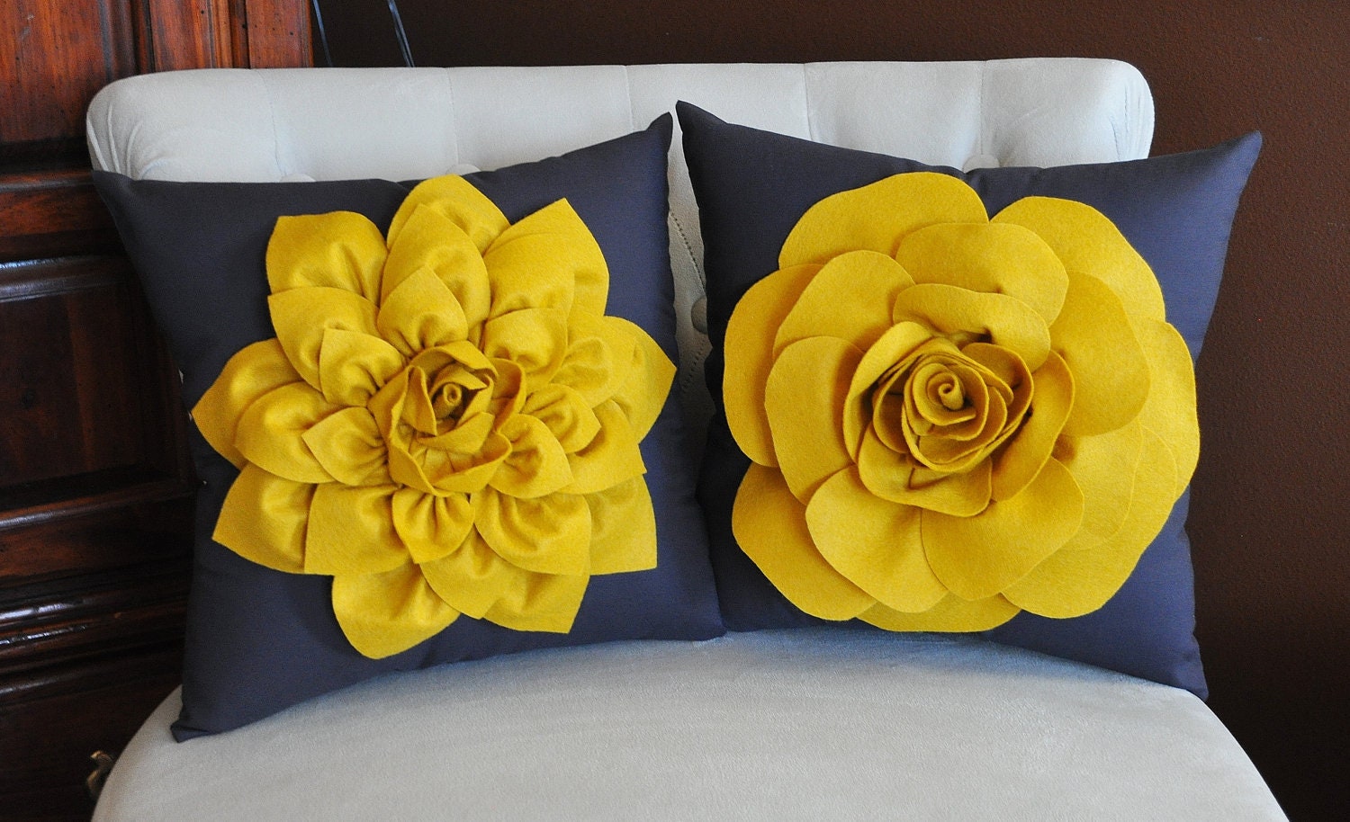 TWO Decorative Flower Pillows -Mustard Yellow Dahlia and Mustard Yellow Rose on Charcoal Grey 14 X 14