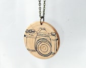 Camera print hand stamped wooden necklace