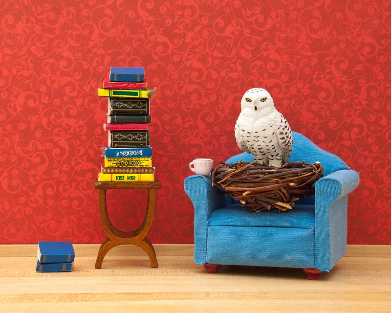 owl art, diorama, snowy owl, harry potter, bookworm, kids art, red, blue - Spellbound 8 x 10