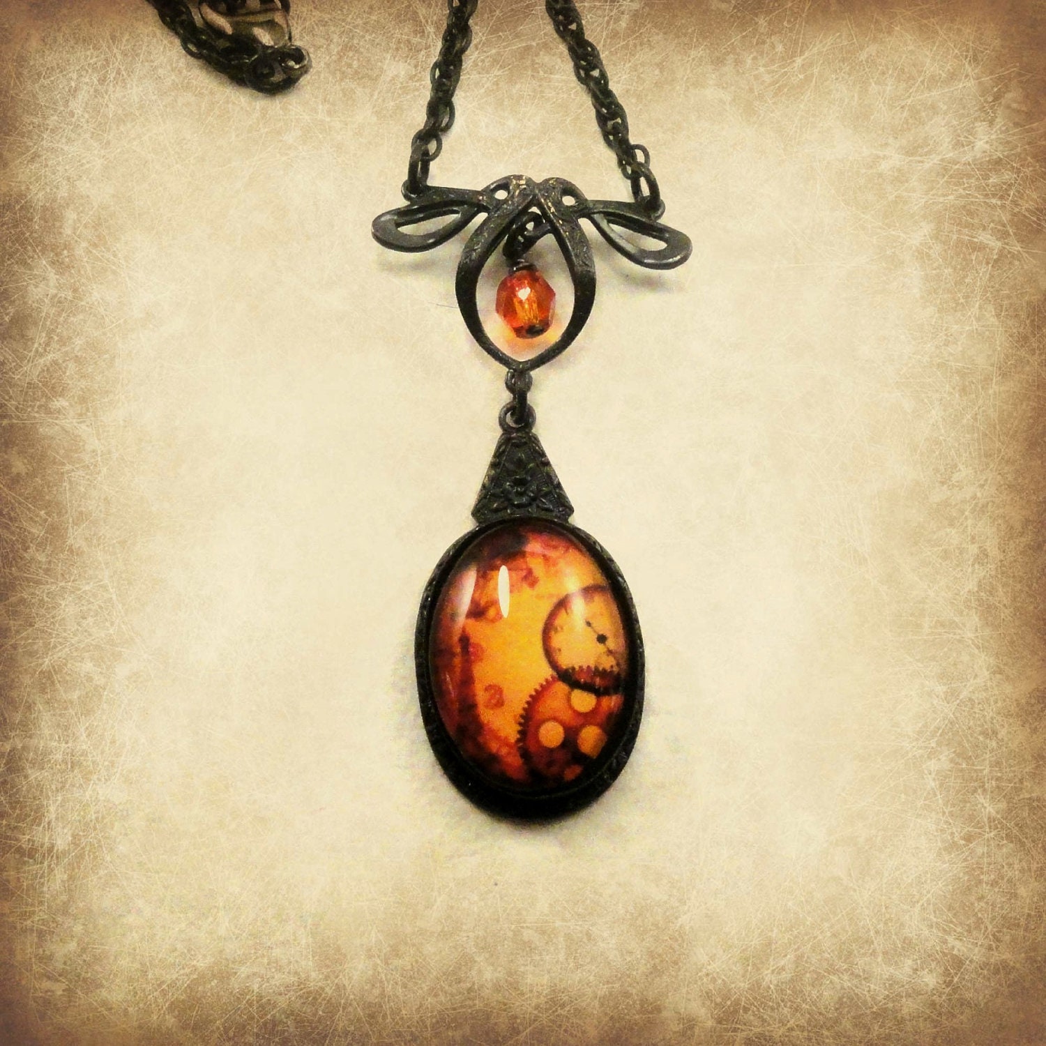 Clockwork Necklace Steampunk Jewelry Victorian Pendant Necklace Orange Glass Antique Style