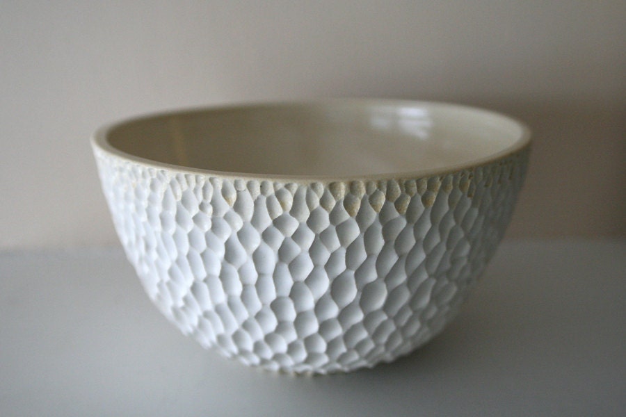 Elegant Carved Matte White Stoneware Bowl / Hundreds of Hand-Carved Marks / Ostrich-Egg Matte Finish / "ALLUVIAL"