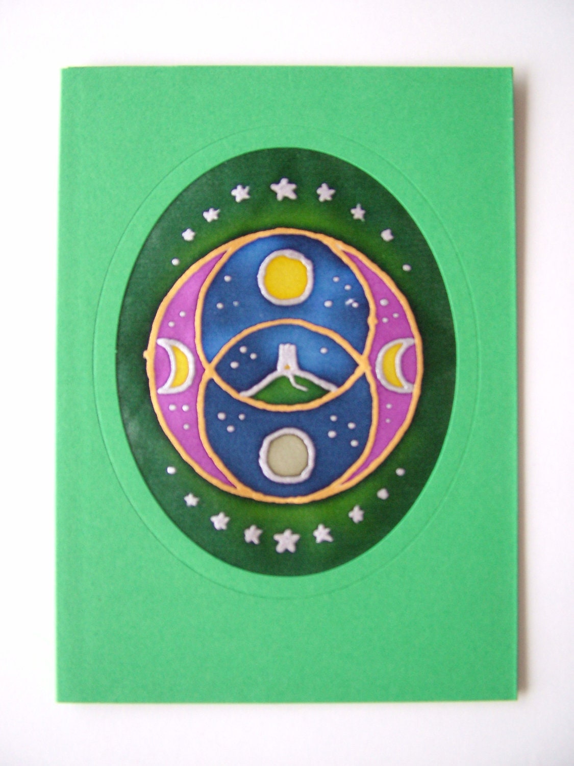 Reduced: Green Vesica Pisces Glastonbury Tor Avalon Silk Greeting Card Hand Painted