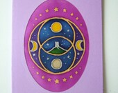 Reduced: Fuchsia Vesica Pisces Glastonbury Tor Avalon Silk Greeting Card Hand Painted