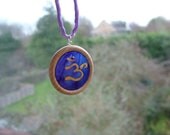 Reduced in Phase Out -  OM Silk Satin Hand Made Wooden Pendant Silk Cord Gold Design Purple