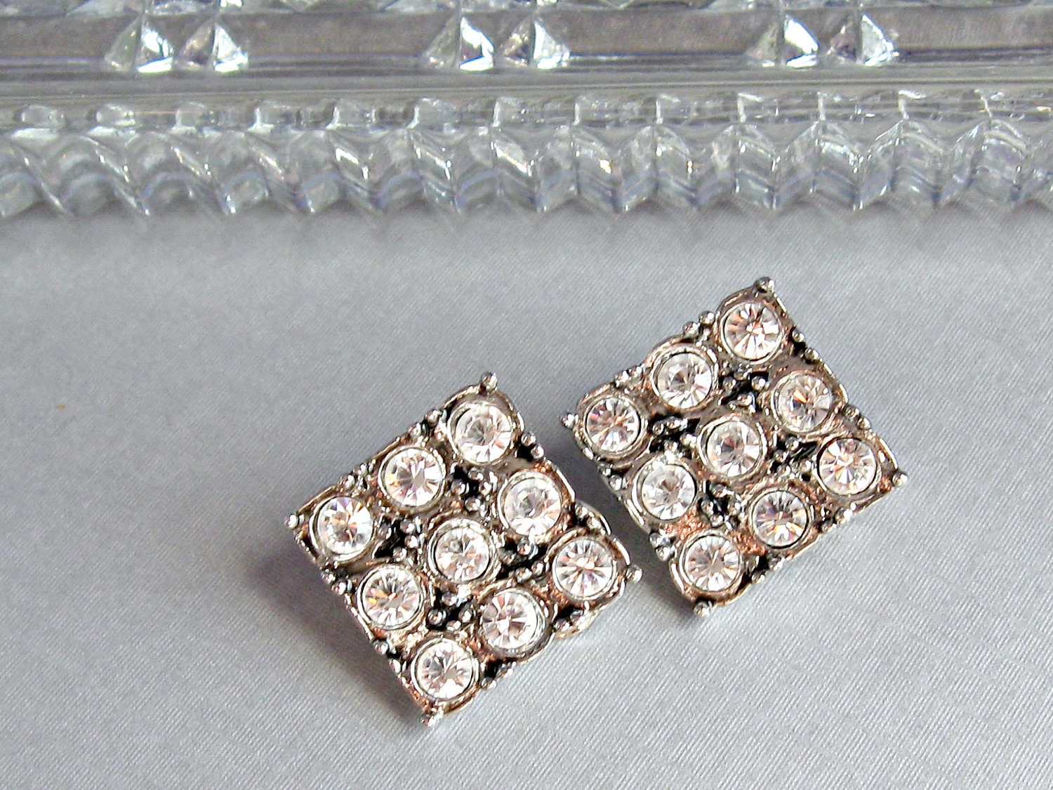 Vintage Square Rhinestone Clip Earrings