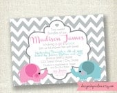 Chevron Twin Babies Boy and Girl Elephant - Baby Shower PRINTABLE Invitations