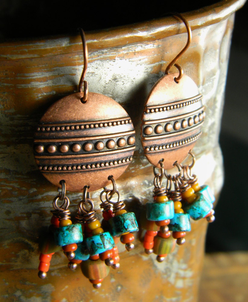 Copper Southwestern Earrings Colorful Tribal OOAK
