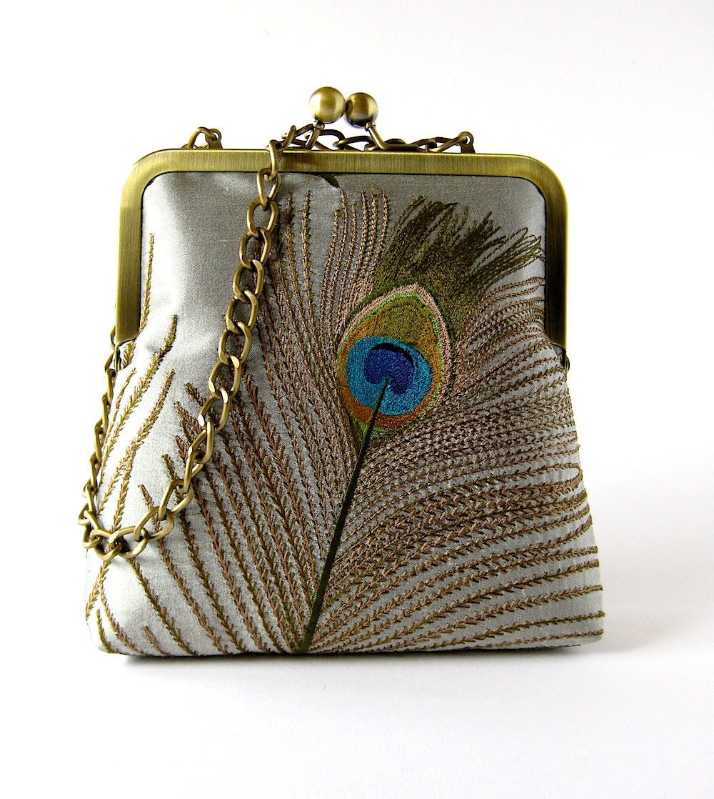Silk embroidered peacock feather clutch with chain in Silver/Grey, Wedding clutch,Bride clutch, Evening purse, Bridesmaid clutch