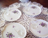 Vintage Snack Set - White Porcelain with Violet Design- Made in Japan- Set of 4 with Juice Glasses