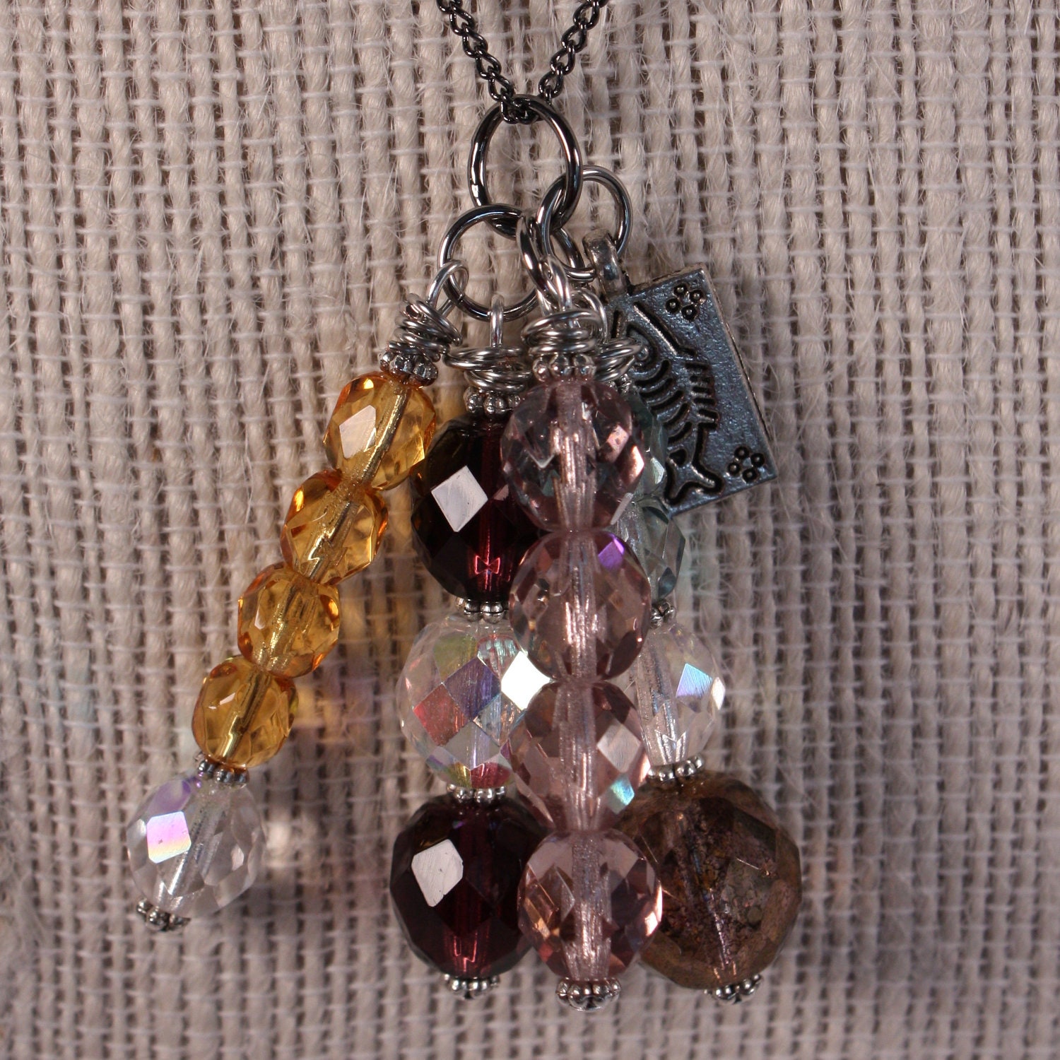 Cluster Necklace - Czech Glass Beads and Pewter Charm, 18 inches