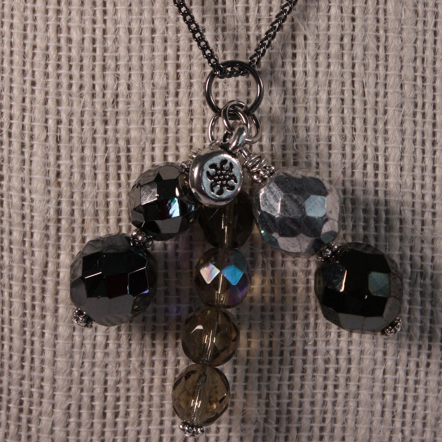 Cluster Necklace - Czech Glass Beads and Pewter Charm, 18 inches