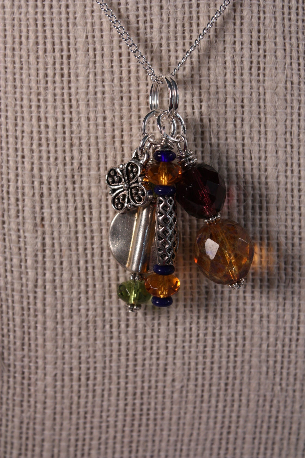 Cluster Necklace - Czech Glass Beads and Pewter Charm, 18 inches