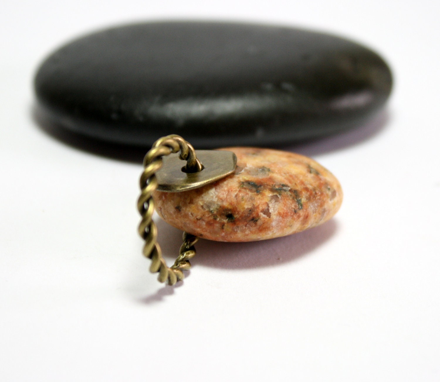 Drilled Granite Beach Stone Focal Bead Supplies- Antique Gold Brass Metalwork with Riverstone by Allybeans