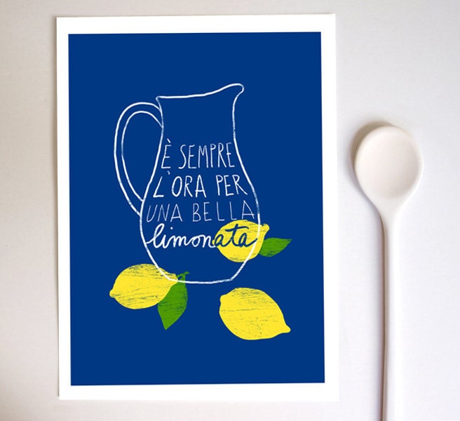 Italian Kitchen Art Print Lemonade 11"x15" - italy print summer blue lemon illustration - archival fine art giclée print