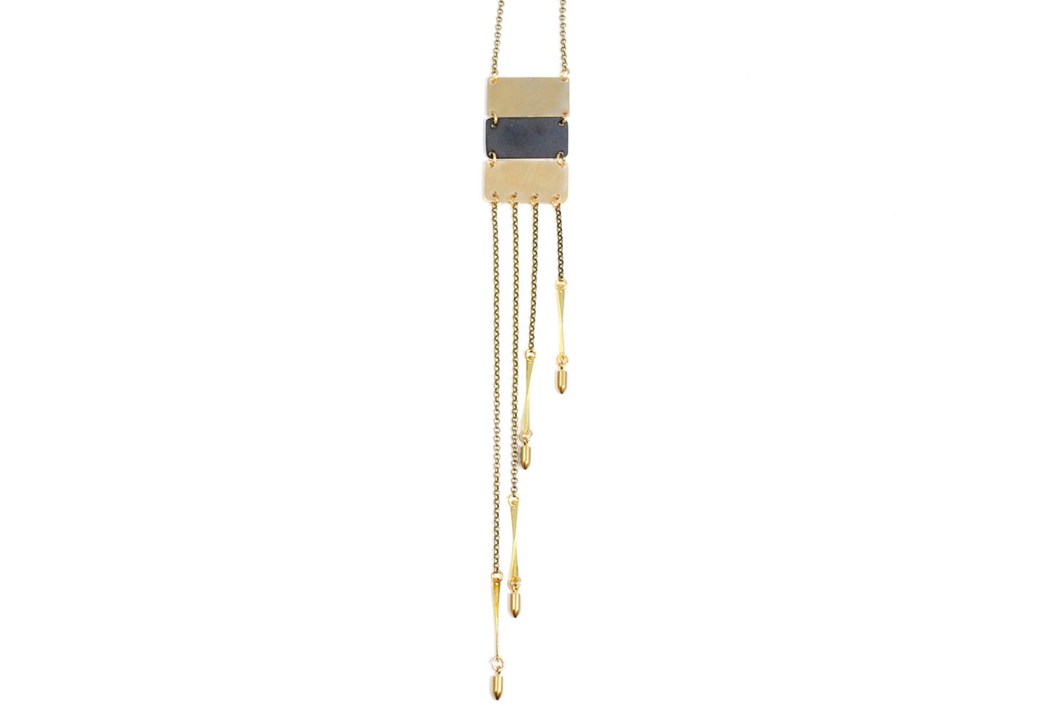Geometric Brass Rectangle Necklace With Vintage Bullet Charms 1A04