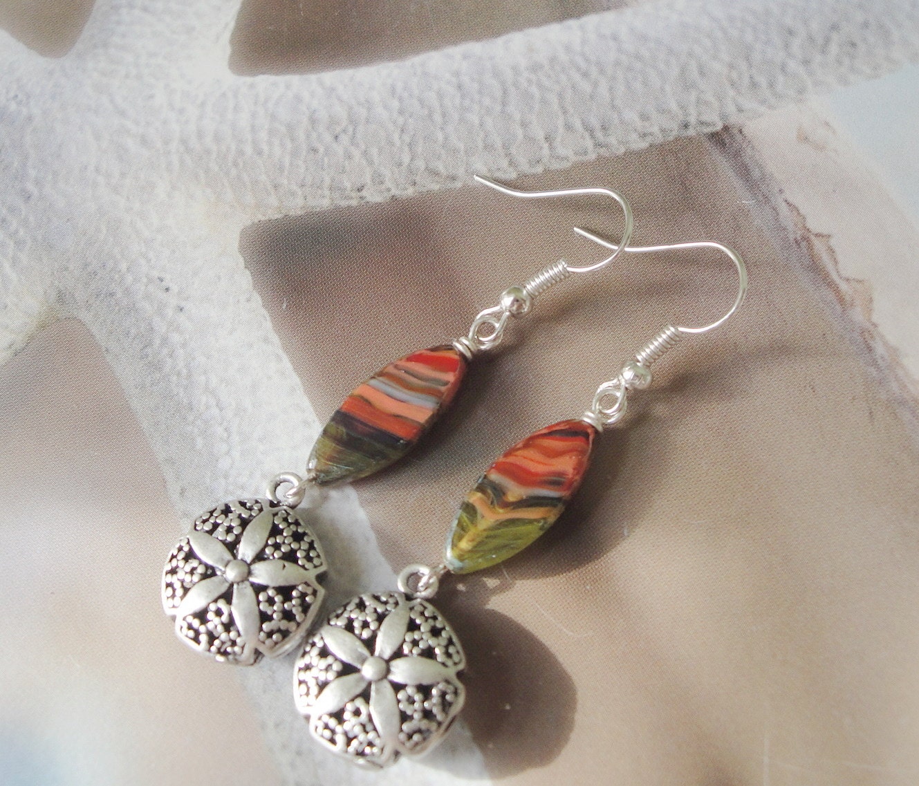 Beach Flowers Silver Filigree Flower Charm Glass Bead Earrings