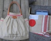 Sophie. Cute vintage French Linen XL Beach bag -Leather handles- Personalized. Unique. Handmade. Sand - red stripe-minimalist