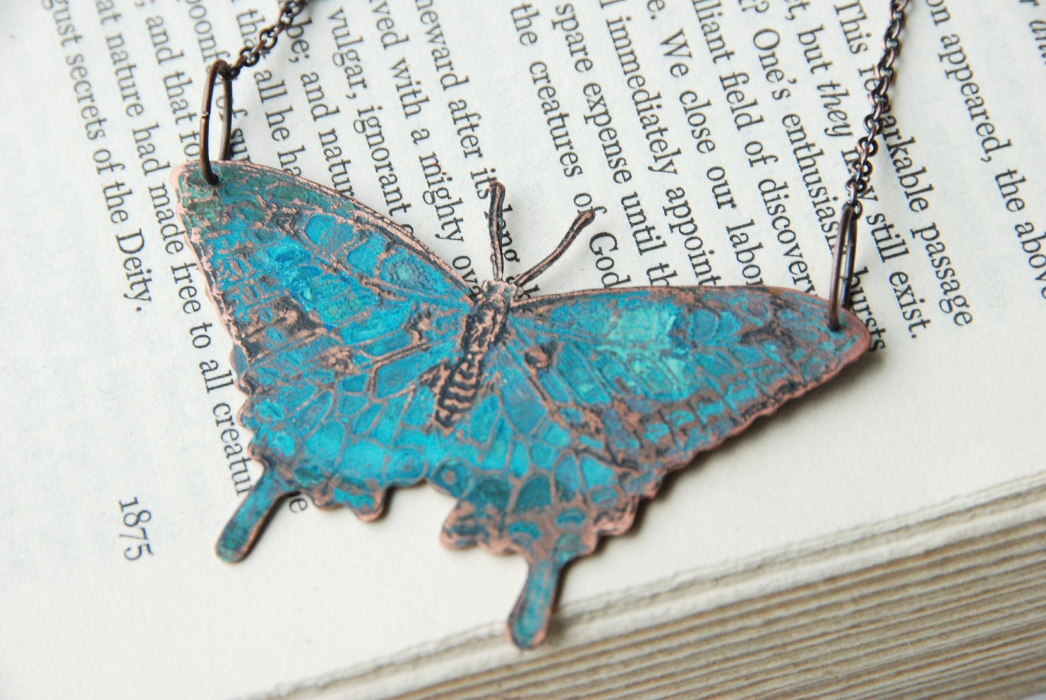 Butterfly Necklace Copper Etched And Hand Pierced With Blue Green Patina Made To Order