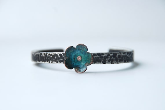 Forget Me Not Flower Bracelet Sterling Silver Cuff With Copper Forget Me Not Flower