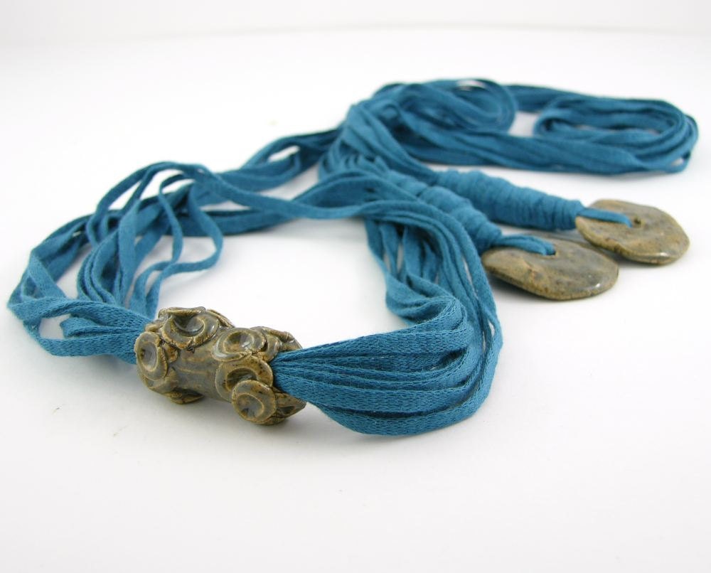 Skinny scarf lariat fiber necklace scarf necklace cotton ceramic long blue vegan ooak ceramic beads curationnation