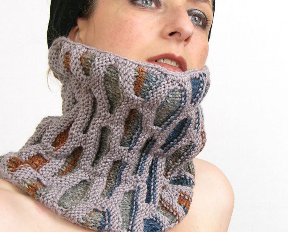 neck warmer turtle neck tube scarf knit honeycomb motif orchid brown blue fall autumn therougett curationnation