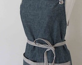 Caterers Full Apron-Professional Kitchen Accessory-Denim Blue White Stripes Ties-Fresh and Modern Oganic Cotton Fabric