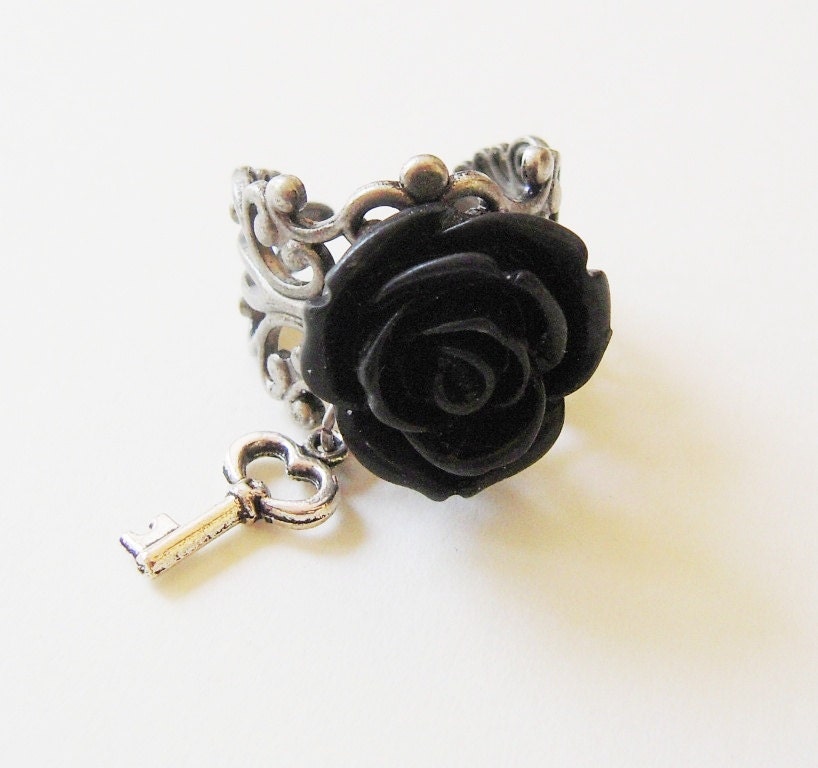 Pink Rose Skeleton Key Ring- Antique Silver- Adjustable Ring
