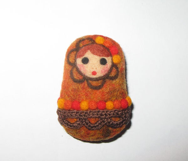 Autumn Leaves Matryoshka, needle felted wool brooch, one of a kind