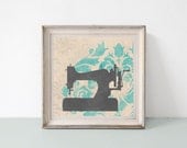 Cottage Decor, Sewing Machine Art Print, Shabby French Country, Teal and Grey, 12 x 12 inch print - loriamckee