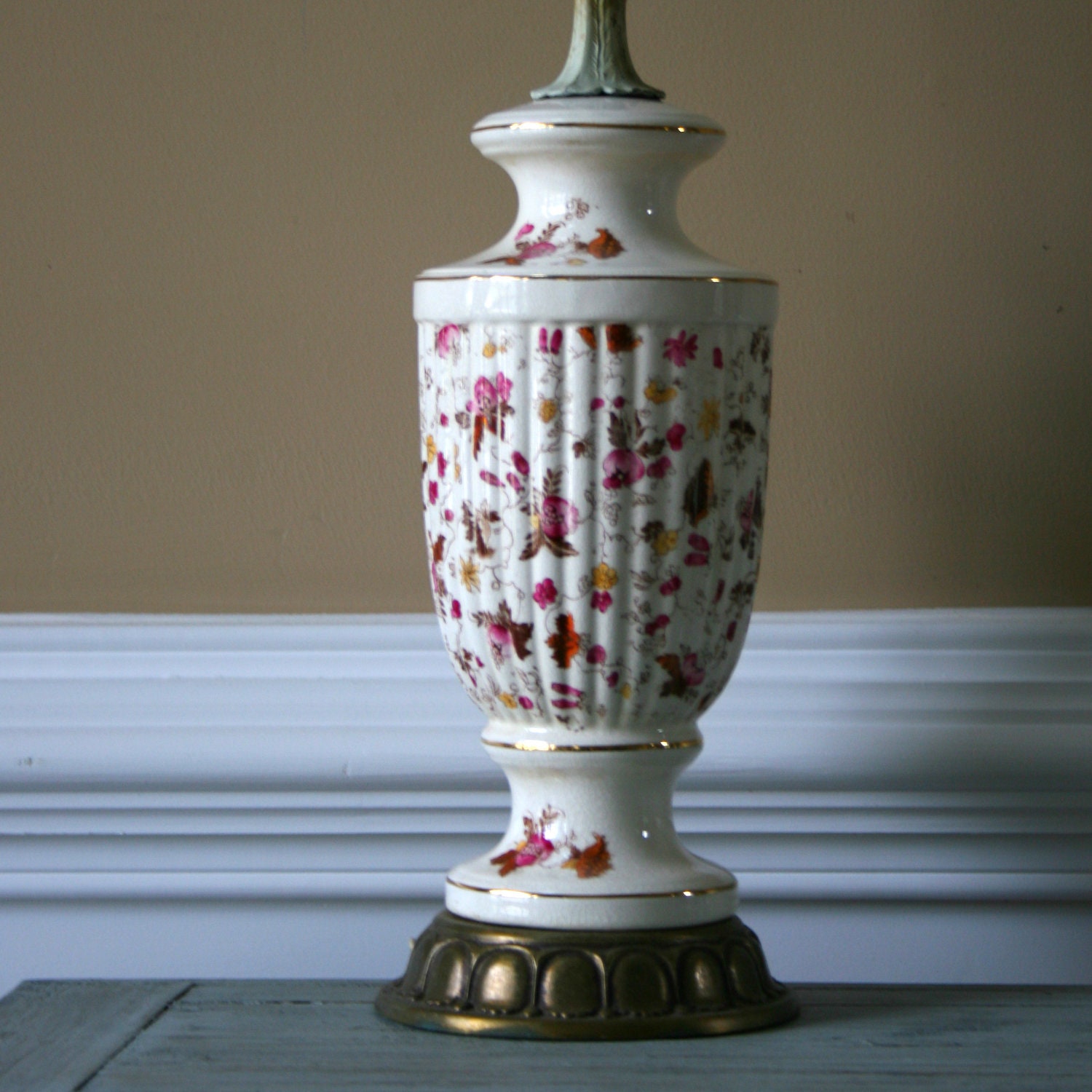 Vintage Lamp. Floral Lamp. Flowers. Fall Accent Lamp. Autumn Home Decor. Ivory Rust Orange Yellow Brown Pink. Brass. Rhapsody Attic.
