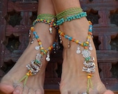 Fierce DRAGON BAREFOOT sandals Green Anklets crochet Gypsy Sandals WANDERLUST crochet anklets barefoot jewelry bottomless sandal