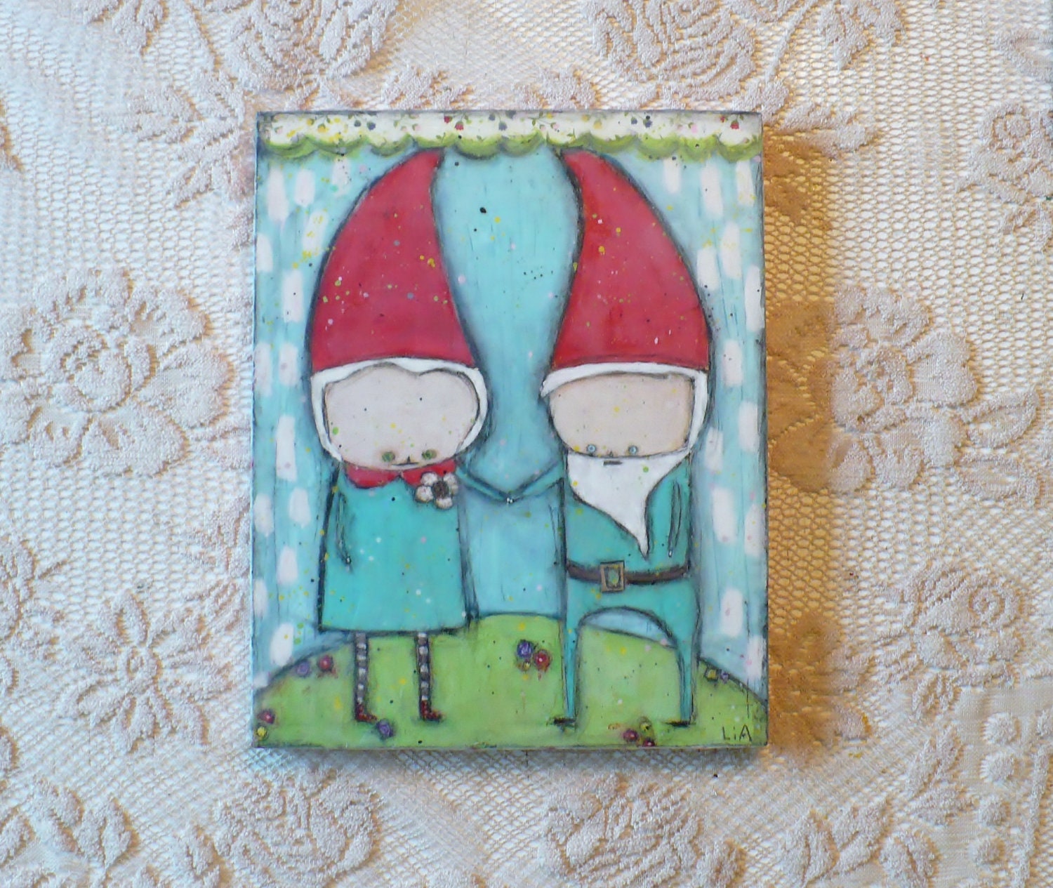 Encaustic mixed media painting Gnome Union love 8x10 Wood Burned Painting
