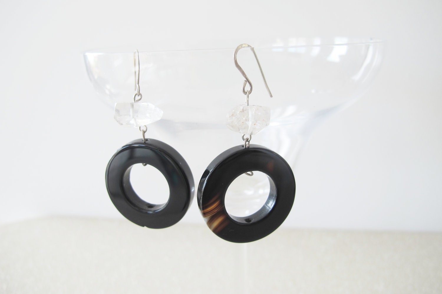 Gemstone dangle earrings, black and white hoop earrings with onyx and quartz crystal