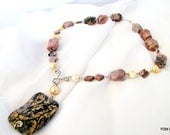 Pink gemstone necklace, pearls and pink rhodonite statement necklace, tribal chunky bead necklace