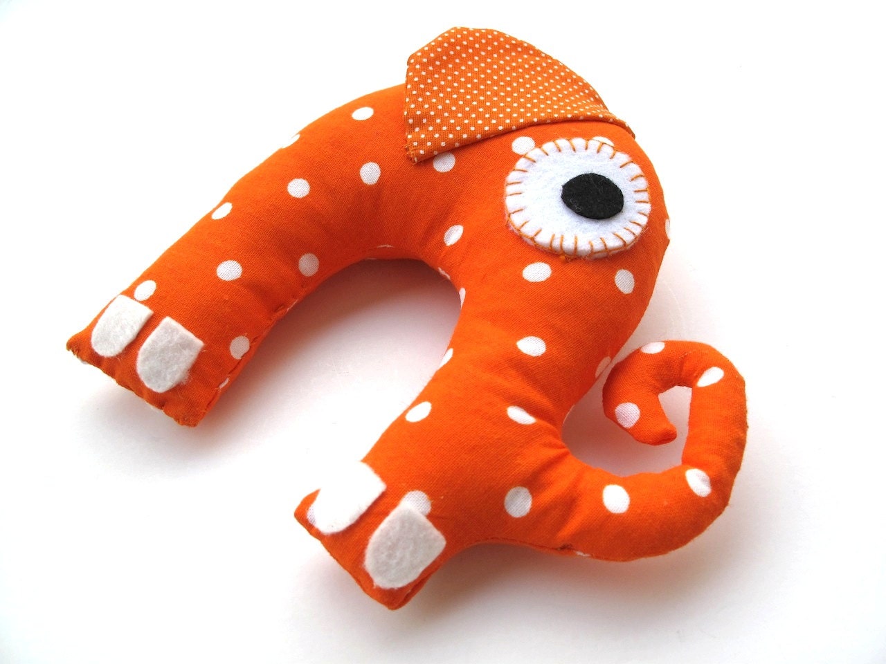 Handmade Soft Stuffed Toy : ORANGE ELEPHANT Eco Friendly Cotton Plush Toy Baby Toddler Orange White Polka Dot
