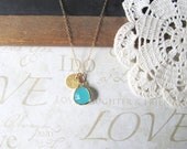 TREASURED hand stamped initial necklace with a milky turquoise rough cut glass crystal (gold)