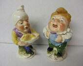 First Breakfast Hobbit Gnome Salt Pepper Shakers Vintage 40's 50's Gnomes Pair Garden Elves Figurine